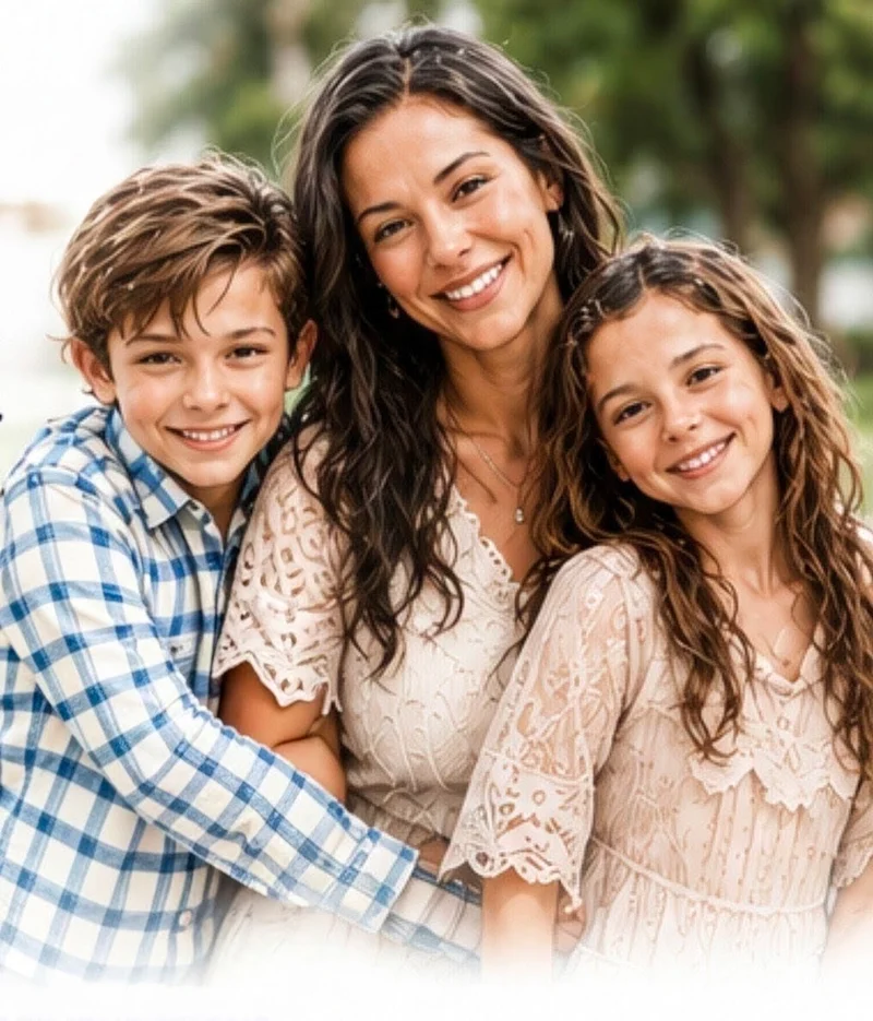 A smiling family of three